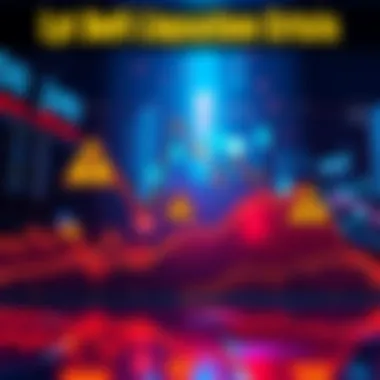 A graph showing a steep decline in cryptocurrency prices with warning signs about liquidations, representing the risks in DeFi investments.