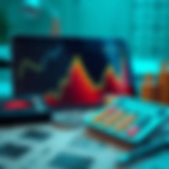 A graphic showing a chart with upward trends, a calculator, and digital currency symbols to represent strategic planning in DeFi investments.