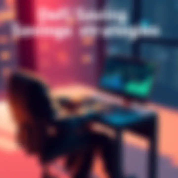 A person sitting at a desk, analyzing DeFi protocols on a laptop, with charts and graphs visible on the screen, representing savings strategies in the digital finance world.