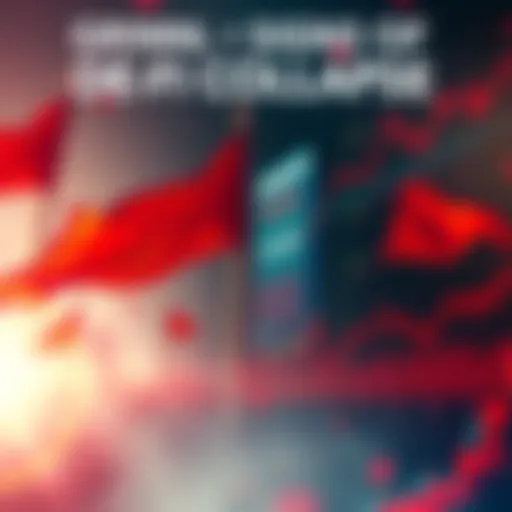 A visual representation of warning signals related to DeFi, featuring red flags and graphs indicating downturns in financial trends.