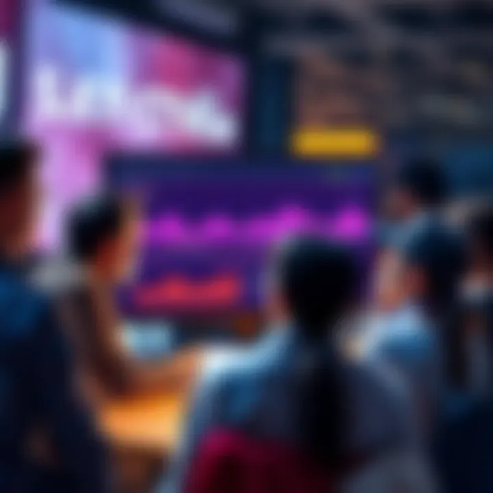 A group of diverse people discussing decentralized finance concepts, with charts and graphs on a screen, representing anonymity and security in finance.