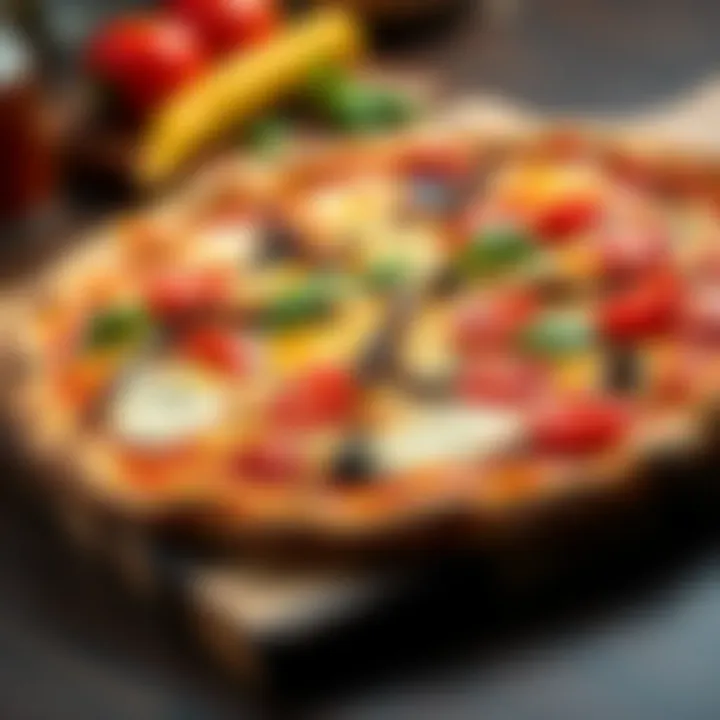 A mouthwatering pizza topped with fresh ingredients like pepperoni, veggies, and cheese, served hot on a wooden board.
