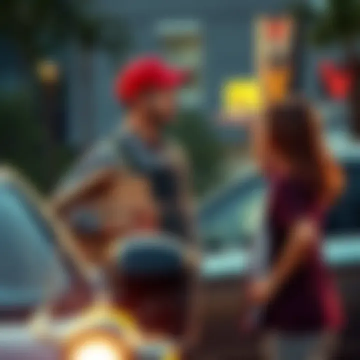 A delivery driver stands near a car while a customer gestures in frustration about a PIN code issue for their order