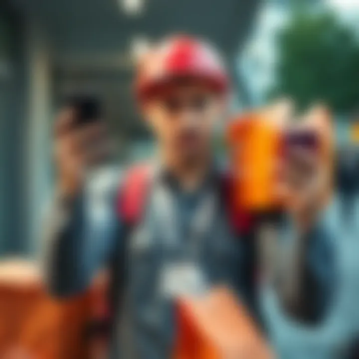 Delivery driver juggling two phones A delivery driver holding two smartphones, visibly stressed while managing orders, with food bags in the background.
