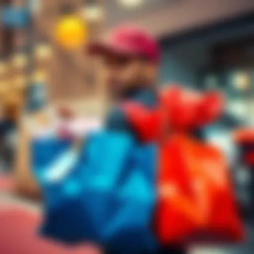 A delivery person holding bags filled with items from a store, ready to make a delivery
