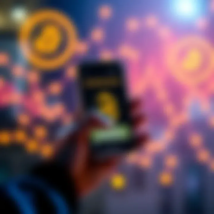 A person using a smartphone to deposit USDT into a Binance account with cryptocurrency symbols in the background