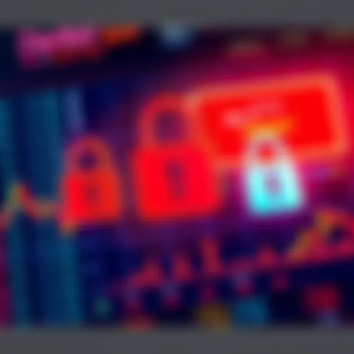 A graphic showing security locks and alerts over a digital currency exchange interface, representing hidden security flaws at Deribit.