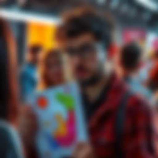 A designer holds a colorful sketch of their latest design, looking curious and eager for feedback from people around them.