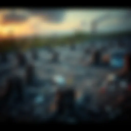 A barren land filled with tree stumps and scattered garbage, showing the aftermath of deforestation.