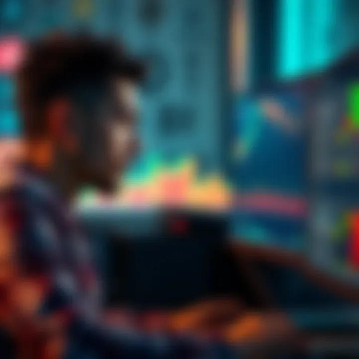 A developer looking at a computer screen showing a declining cryptocurrency chart, with a worried expression