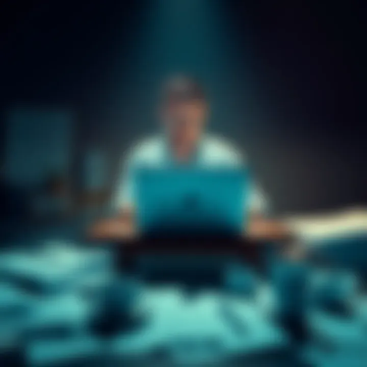 A developer sitting at a desk with a laptop, looking frustrated while papers and coffee cups surround him, symbolizing the abandoned Polkadot App project.