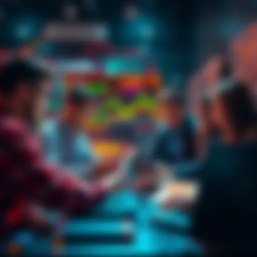 A group of developers discussing and brainstorming ideas for a cryptocurrency project, with coding on laptops and digital graphics around them.