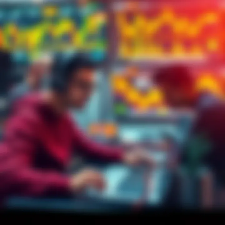 A group of software developers analyzing cryptocurrency charts and trends on laptops