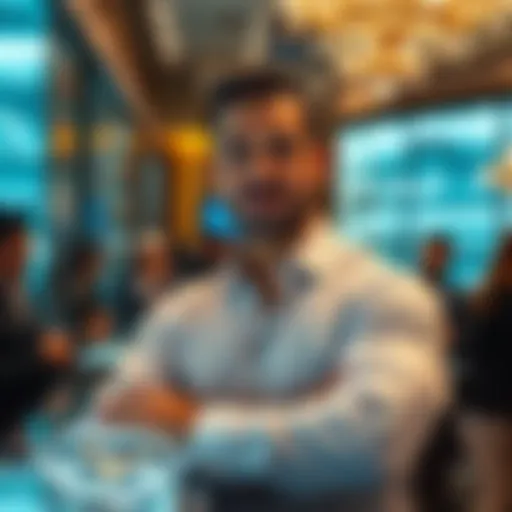 A confident man standing in a diamond store, showcasing sparkling diamonds and engaging with customers.