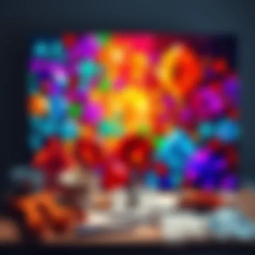 A colorful diamond painting in progress with sections completed and tools around it