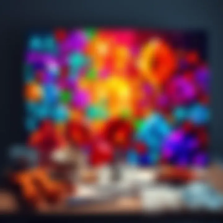 A colorful diamond painting in progress with sections completed and tools around it