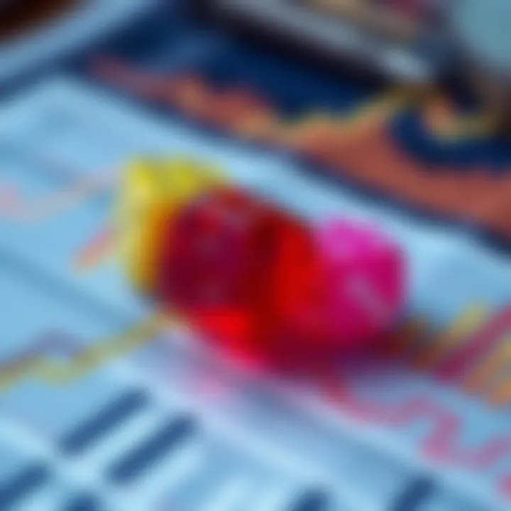 Colorful dice on financial charts showing growth and strategy