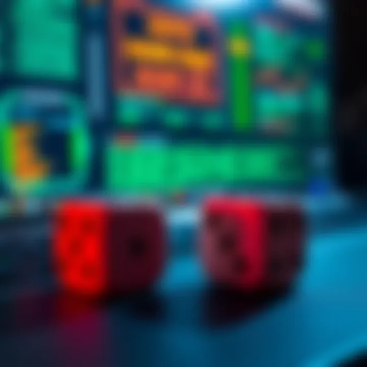 A pair of dice resting next to a computer screen displaying crypto security concepts, illustrating the idea of using dice rolls to generate Shamir shares.