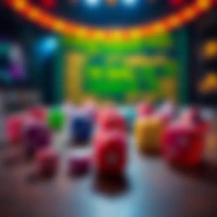 Dice Rolls for Seedphrase Security A close-up view of colorful dice being rolled on a table, symbolizing the process of generating secure seedphrases for cryptocurrency.