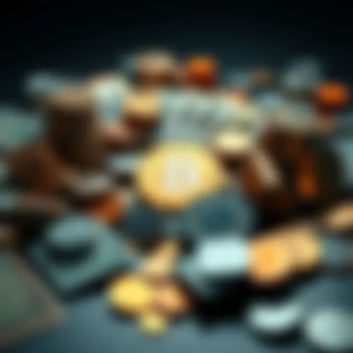 Various types of money including cash, coins, and digital currency arranged together to represent modern finance.