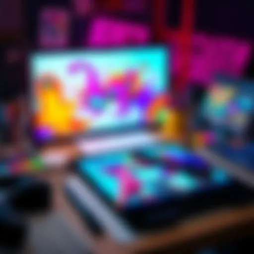 A workspace with digital art supplies including a tablet, stylus, and colorful artwork on the screen