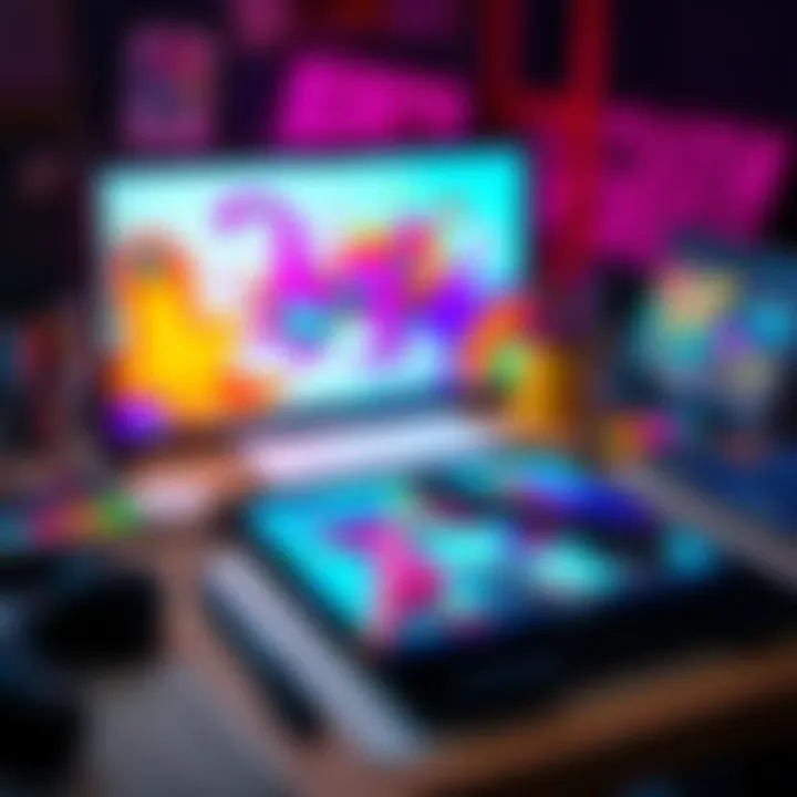 A workspace with digital art supplies including a tablet, stylus, and colorful artwork on the screen