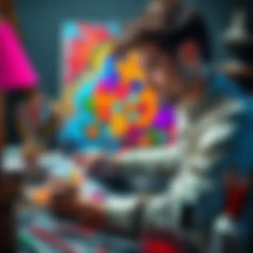 An individual painting a colorful digital artwork on a tablet, surrounded by art supplies, conveying a shift from Bitcoin to creativity.