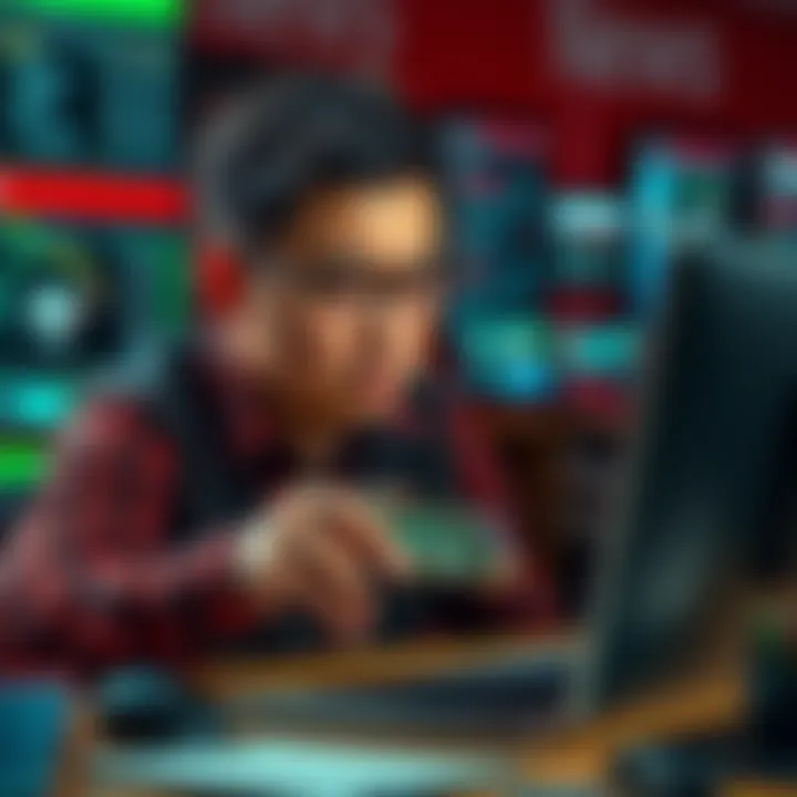 A former digital marketer looks stressed while selling Pi on a computer, reflecting their job loss concerns.