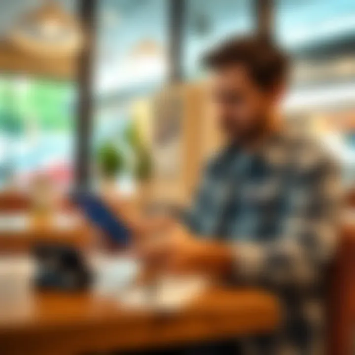 A person using a smartphone to make a secure payment with a digital wallet in a cafe.