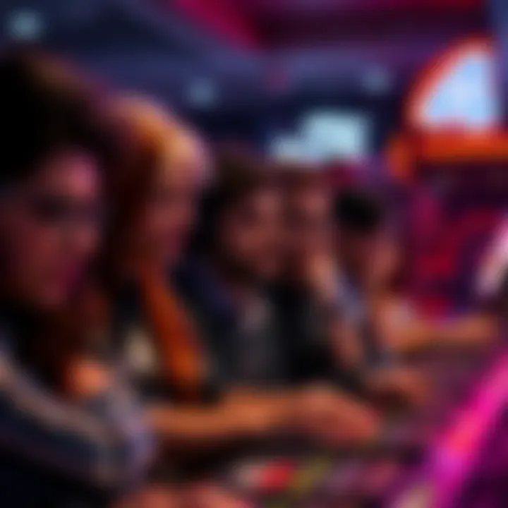 A group of people looking frustrated while playing low-quality solitaire games at Atlas Arcade