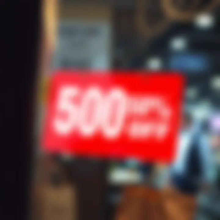 A bright red sign displaying a bold '50% OFF' in white letters, placed in a retail store window, attracting shoppers' attention.