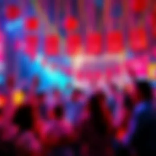 People celebrating a milestone with colorful decorations and discount banners