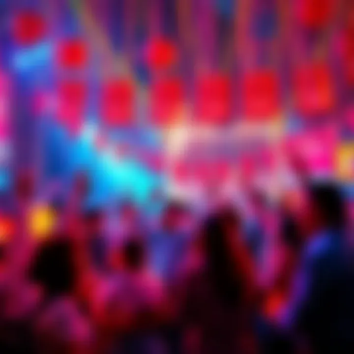 Discount Celebration People celebrating a milestone with colorful decorations and discount banners