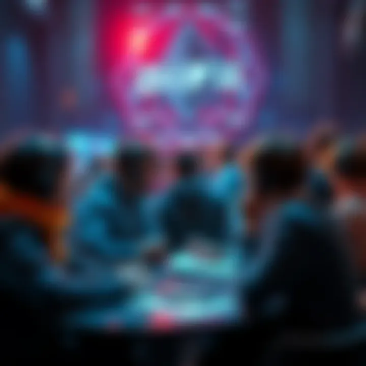 A group of people engaging in discussion about DeFi and cryptocurrency, sharing insights on Ethereum.