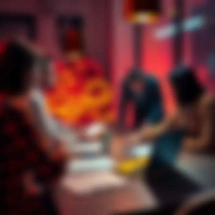 People discussing asset recovery percentages and distribution details related to Decentlaw at a table with documents and a laptop.