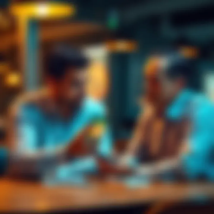 Two people talking about Bitcoin ownership at a table, one showing a phone with a Bitcoin app, while the other listens attentively.
