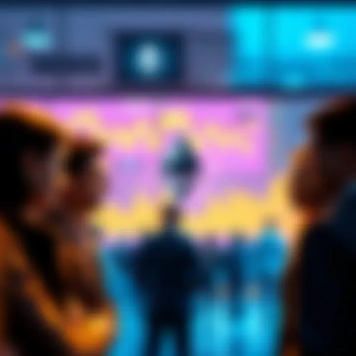 People engaged in a conversation about Ethereum with charts and graphs in the background