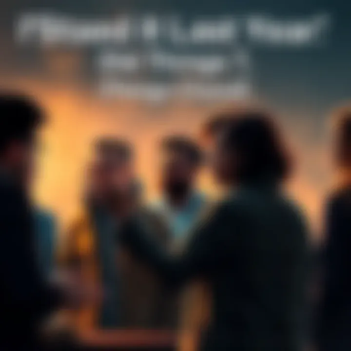 A group of people engaged in a heated discussion about predictions and events from last year, with one person confidently sharing their viewpoint.