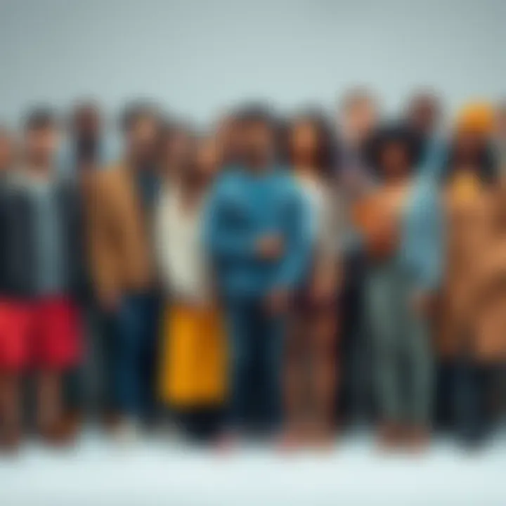 A group of diverse individuals standing together, each wearing unique clothing and showing different expressions, representing individuality in society.