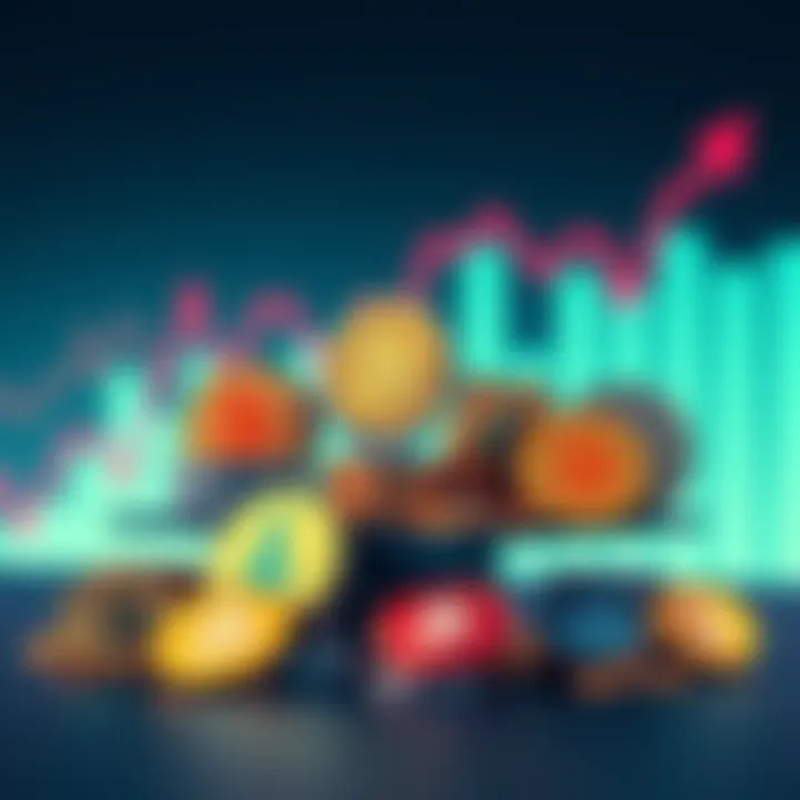 An illustration showing various cryptocurrency coins arranged in a balanced way, symbolizing portfolio diversification, with a graphic of a rising chart in the background.