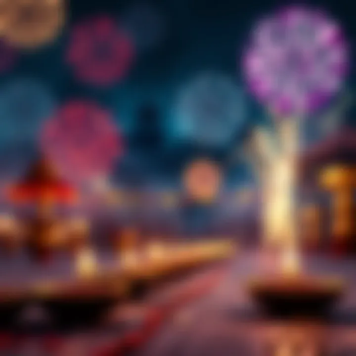 A display of colorful diyas and fireworks lighting up the night sky during Diwali.