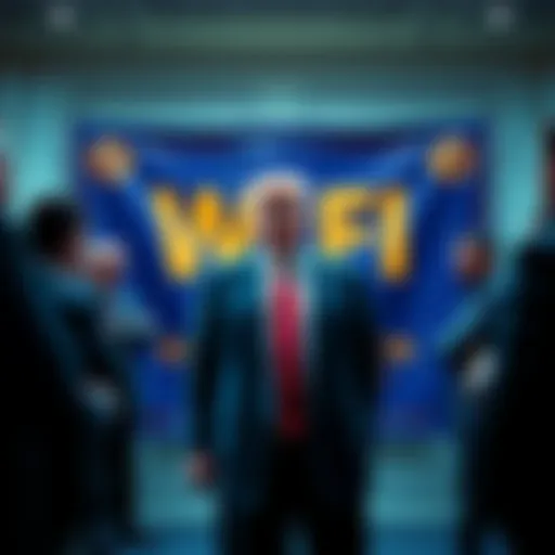 President DJT stands in front of a banner for WLFI promoting the coin 'Shit Piss Skin Can' with people discussing around him.
