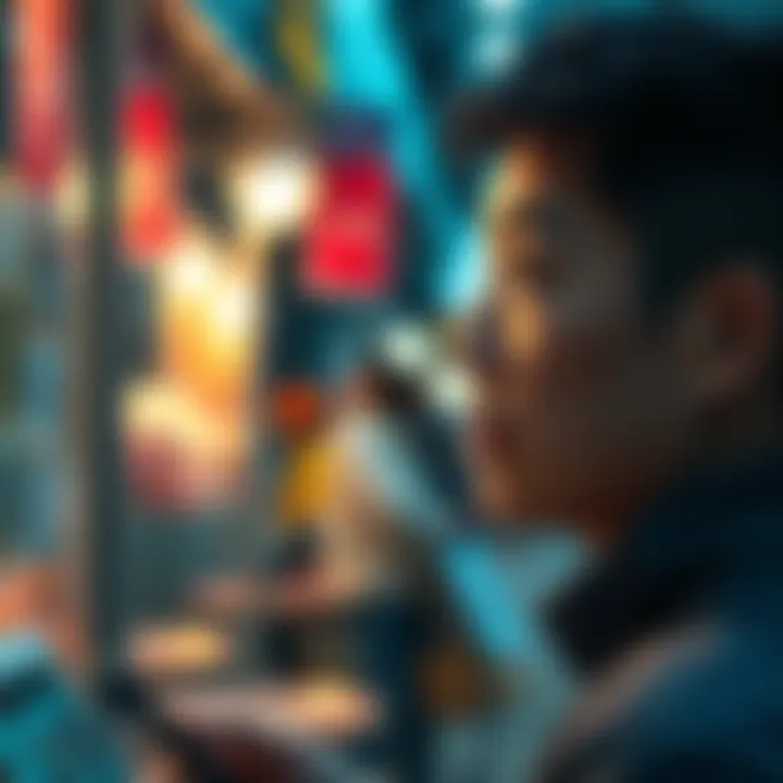 A person reflects on their past vending experiences with a digital wallet, showing a thoughtful expression. The background indicates a marketplace setting with subtle hints of change over the years.