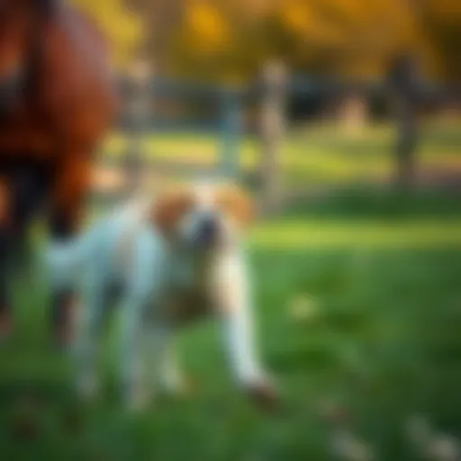 A friendly dog curiously walking toward a horse in a grassy area, with a fence in the background.