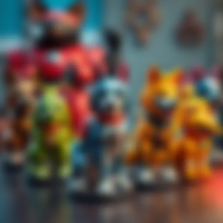 A collection of vibrant Dog Warriors miniatures displayed on a table, showcasing their unique designs and craftsmanship.