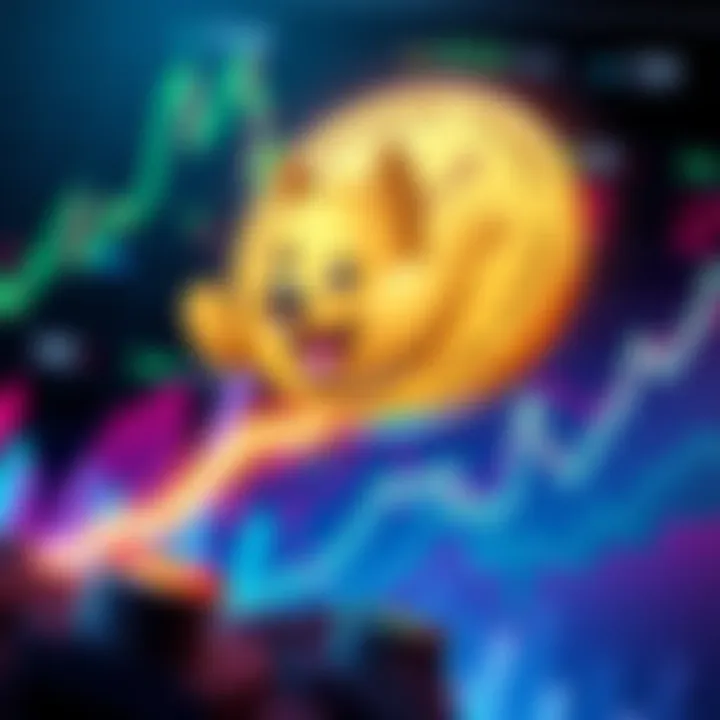 Illustration of a Doge coin moving upwards with a background depicting market trends and charts