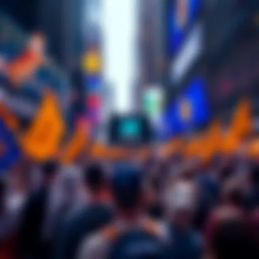 Crowd of Dogecoin supporters at NasdaqExchange in NYC celebrating the ETF launch with banners and flags.