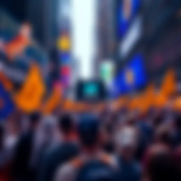 Crowd of Dogecoin supporters at NasdaqExchange in NYC celebrating the ETF launch with banners and flags.