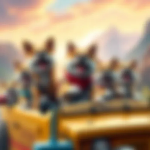 A group of excited Doge characters riding in a fun, colorful vehicle, ready for an adventure with vibrant scenery in the background.