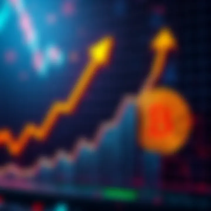 Graph showing the price increase of Dogecoin and Bitcoin with upward arrows and vibrant colors